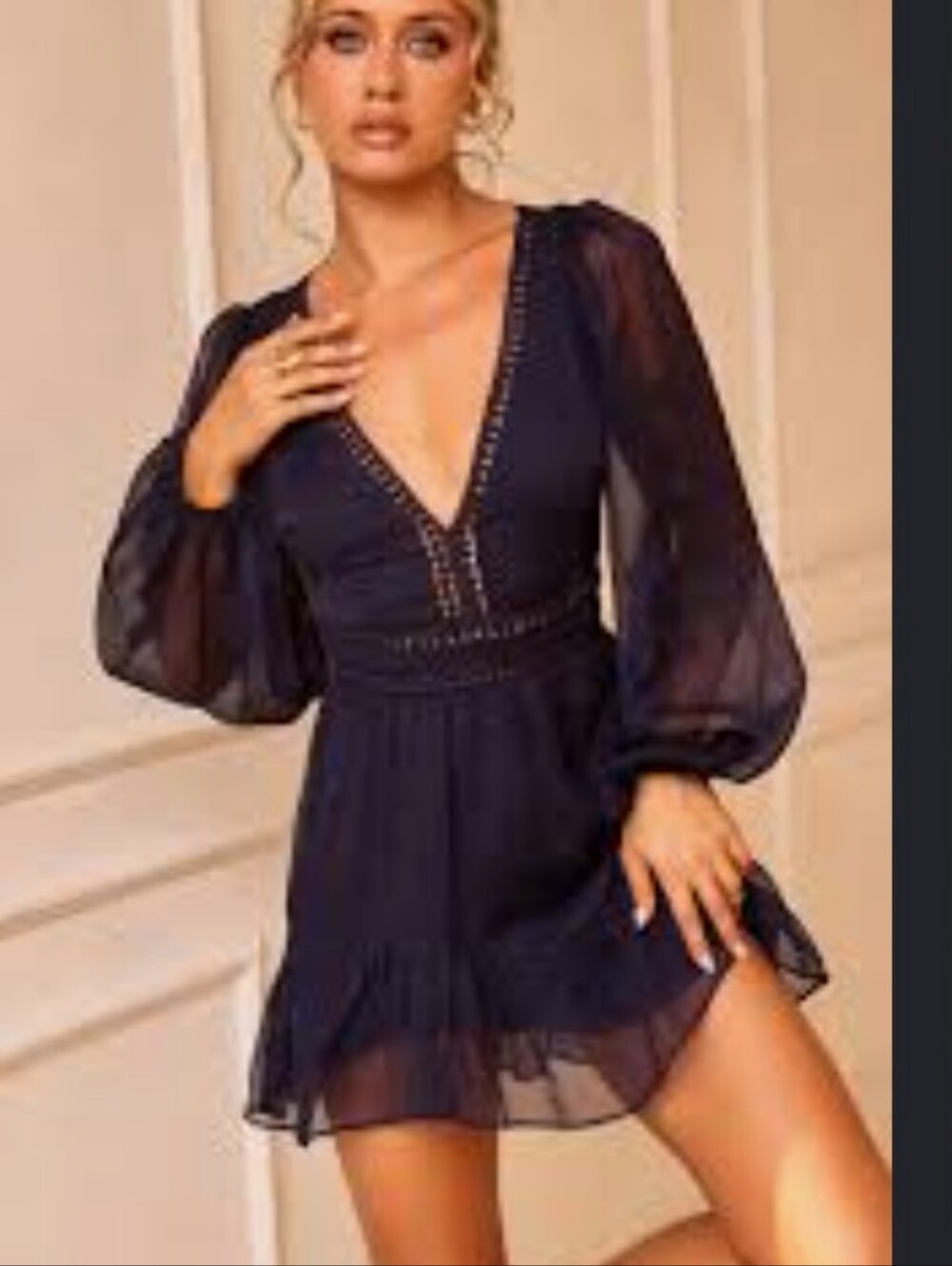 NWT Heaven Mini Dress Deep V Navy Long-Sleeve Chiffon Women's Size Medium (6)